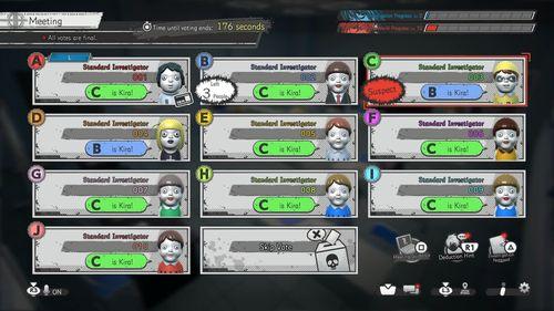 會議階段,玩家聚集在一起討論並嘗試根據行動階段期間的可疑行為逮捕奇樂。