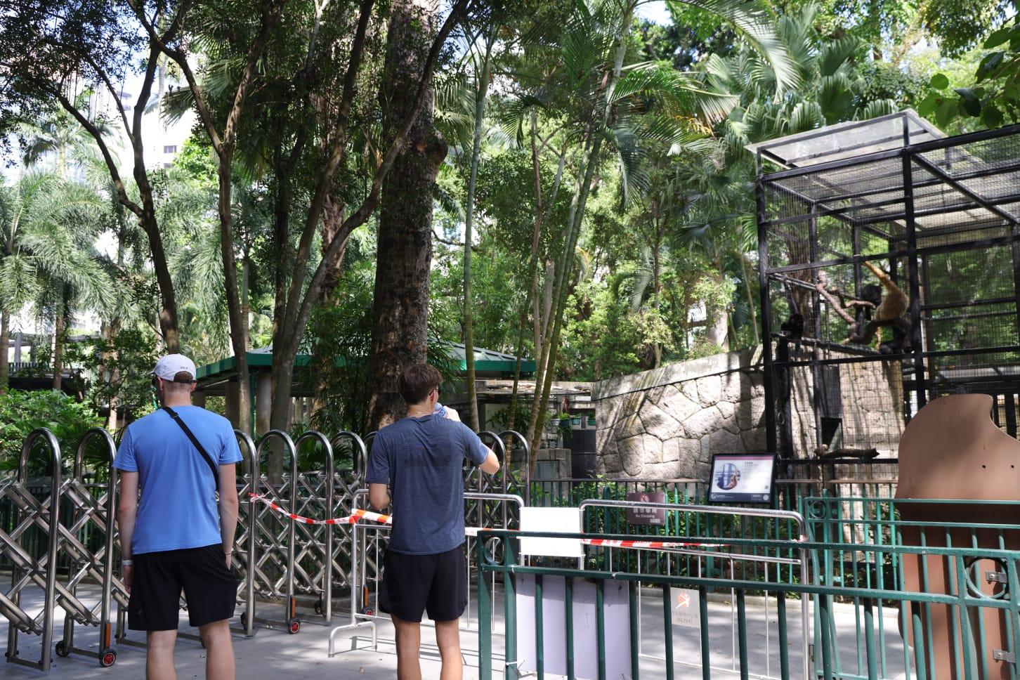 公園內哺乳類動物區範圍已用膠帶圍封,仍見猴子等哺乳類動物在籠內。(吳康琦攝)