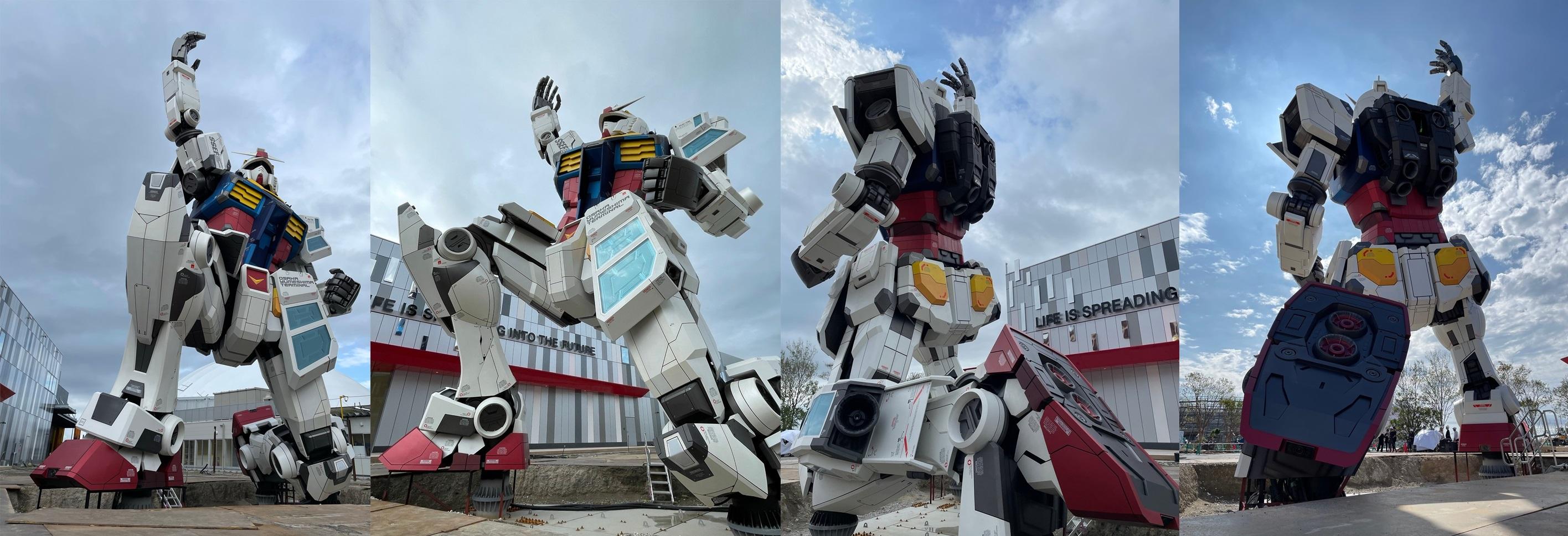 1:1的高達模型以跪地的姿勢固定於大阪世博的展館外。(X)