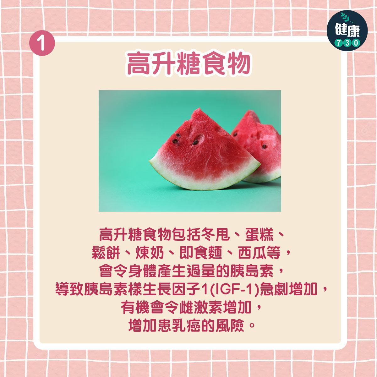 乳癌預防飲食|高升糖食物如冬甩、即食麵(am730製圖)