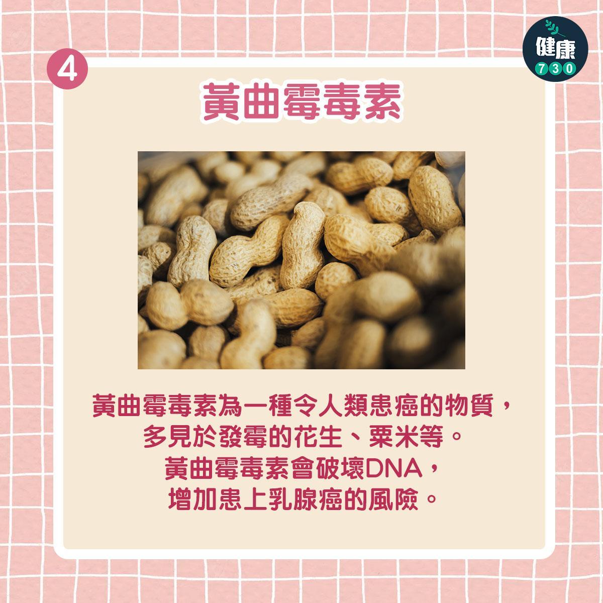 乳癌預防飲食|黃曲霉毒素如發霉的花生或粟米(am730製圖)