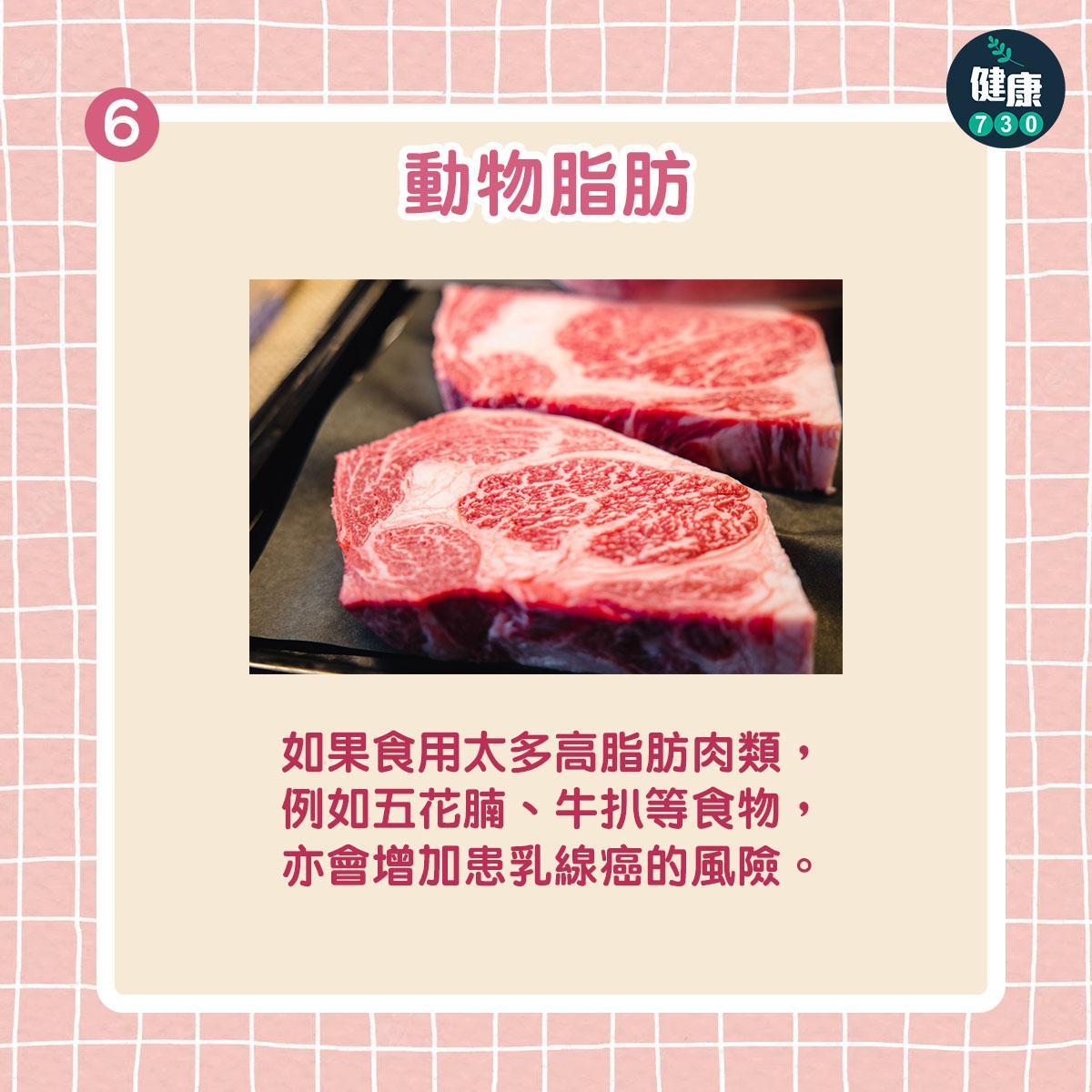 乳癌預防飲食|動物脂肪如五花腩及牛扒(am730製圖)