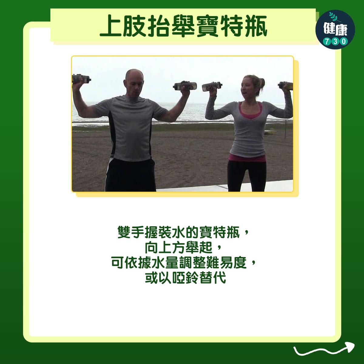 居家肌力訓練預防中風及失智|上肢抬舉寶特瓶(am730製圖)