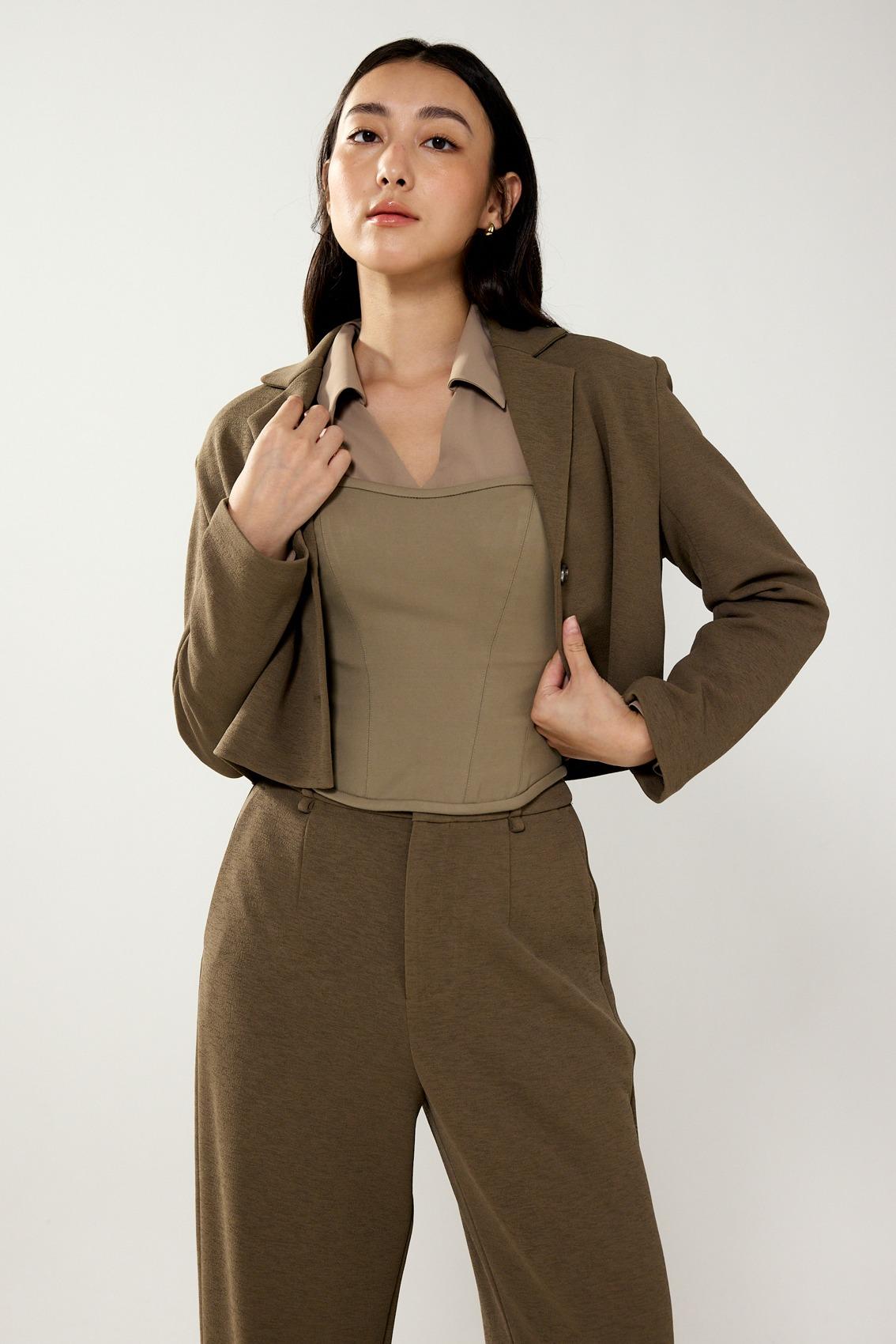 RuchedReady Cropped Blazer (Dark Olive), Lia Crop Bustier Top (Olive Clay), RuchedReady Ily Notch Collar Blouse (Clay), Leggy Mentari Super High Waist Straight Leg Pants (Shiitake Clay)