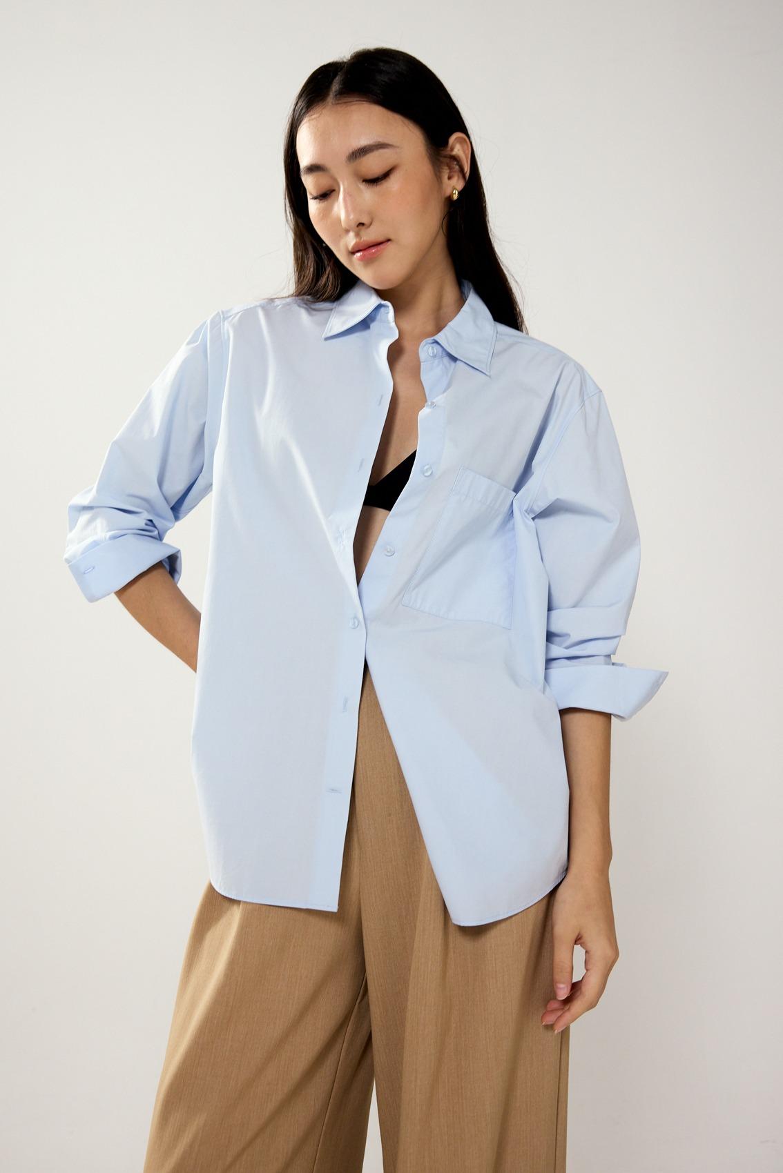 Riley Button Down Shirt (Periwinkle), Leggy Mayumi Elastic Pleated Wide Leg Pants (Tan)