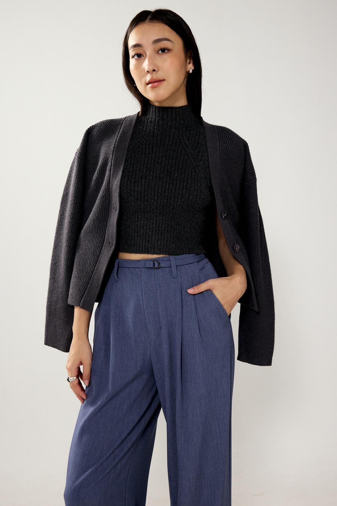 Cardigan (Charcoal), Oriya Knit Turtleneck Crop Tank Top (Charcoal), Leggy Mayumi Elastic Pleated Wide Leg Pants (Slate Blue)