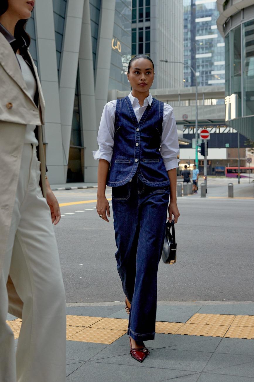 Denim Contrast Stitch Vest (Medium Retro Wash), Riley Button Down Shirt (White), Leggy Denim High Waist Flare Sailor Jeans (Indigo)
