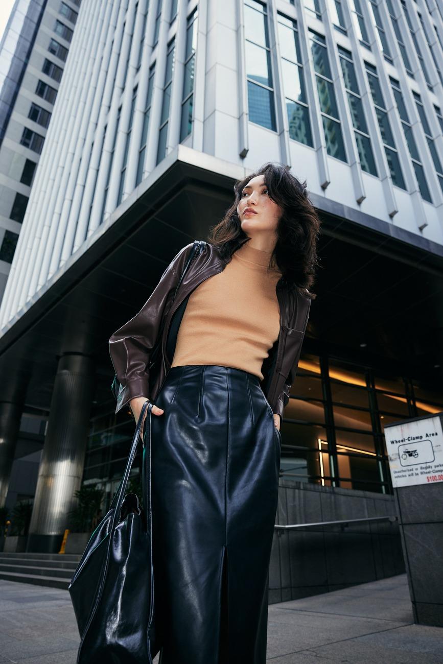 Pleather Shirt (Cocoa), High Waist Vegan Leather Pencil Skirt, Robin High Neck Knit Top (Tan)