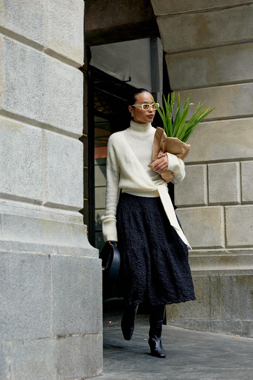Nola Turtle Neck Wool Blend Sweater (White), High Waist Crinkled Tiered Flare Midi Skirt (Black)