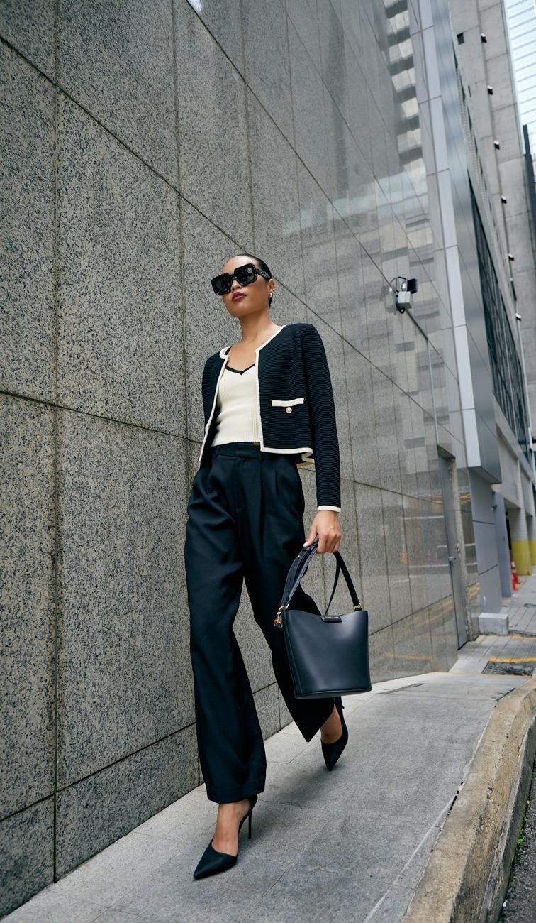 Knit V-Neck Top (Ivory), Knit Cardigan (Black), Leggy Mentari Super High Waist Straight Leg Pants (Black)