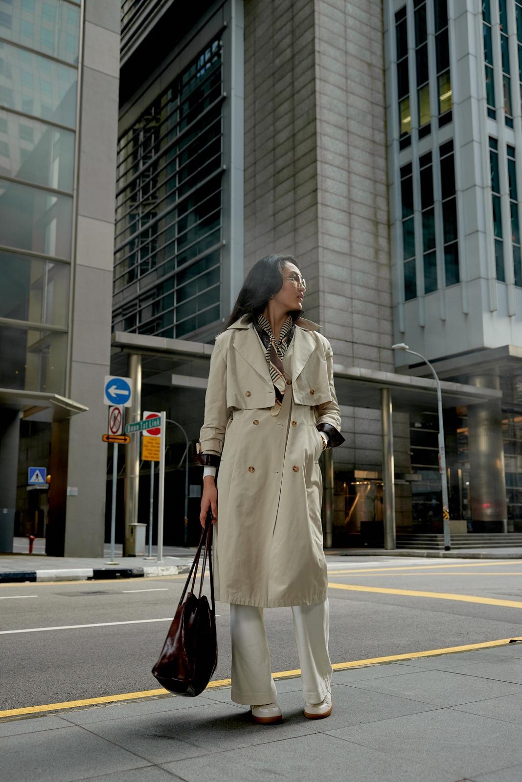 Belted 6-in-1 Trench Coat (Oat), Kendra Contour Knit Camisole Top (Ivory), Leggy Denim High Waist Flare Sailor Jeans (Ecru), Pleather Shirt (Cocoa)