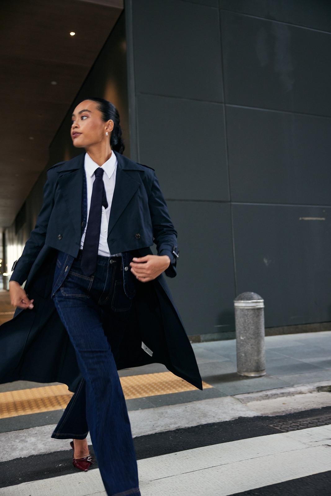 Belted 6-in-1 Trench Coat (Midnight Blue), Denim Contrast Stitch Vest (Medium Retro Wash), Riley Button Down Shirt (White), Leggy™ Denim High Waist Flare Sailor Jeans (Indigo)