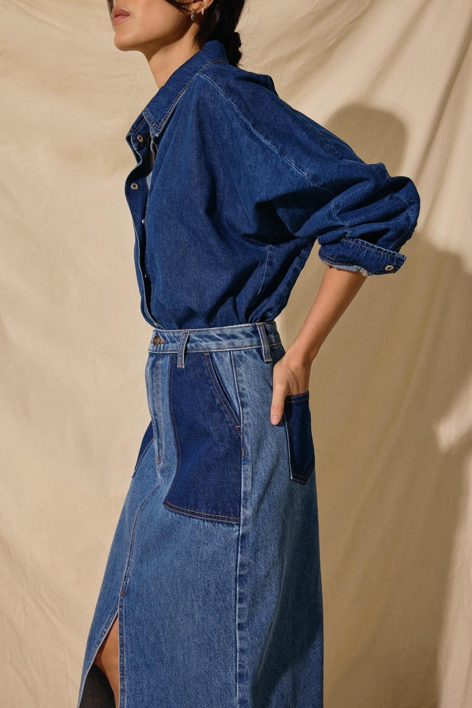Relaxed Denim Collared Shirt $389+Denim High Waist Column Midaxi Skirt $449