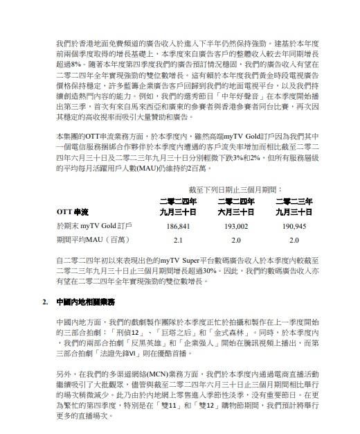TVB在港交所公告,預計在2024年全年實現顯著正數EBITDA。(港交所文件截圖)