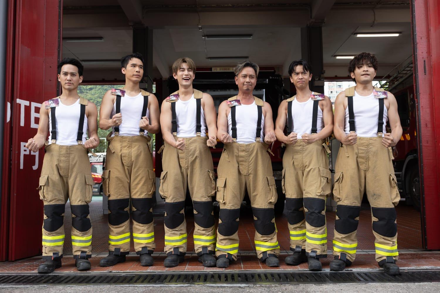 謝君豪、魏浚笙(Jeffrey)、何啟華(Dee哥)、林家熙、梁仲恆和黃愷傑大騷麒麟臂,於消防局取景拍《焚城》電影歌曲MV。(蘇文傑攝)