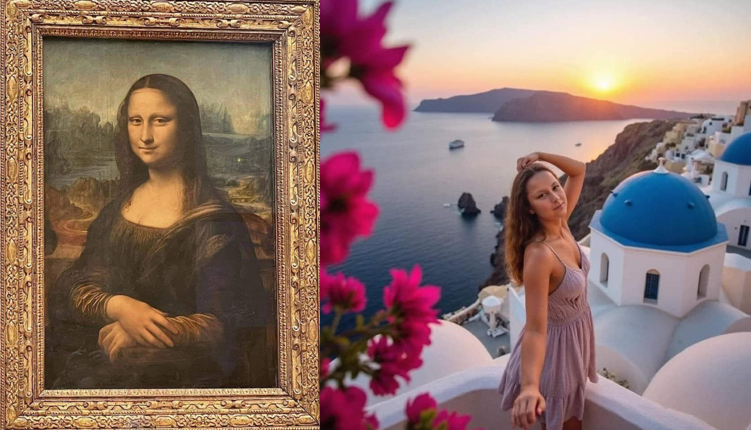 網上流傳照片,指一名女子(右)跟名畫中的蒙娜麗莎撞樣。(互聯網)