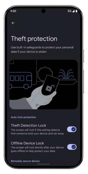 Android 15新功能|全新盜竊偵測鎖可自動鎖定裝置,保障個人資料外洩。