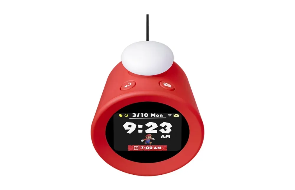 「Alarmo」以任天堂經典遊戲《超級瑪利歐兄弟》為主題,配備2.8吋液晶螢幕顯示動態影像,並設有發光旋鈕。內建來自5款任天堂人氣遊戲的35種主題鬧鈴音效,未來還將透過網路連線新增2款遊戲的主題鬧鈴。