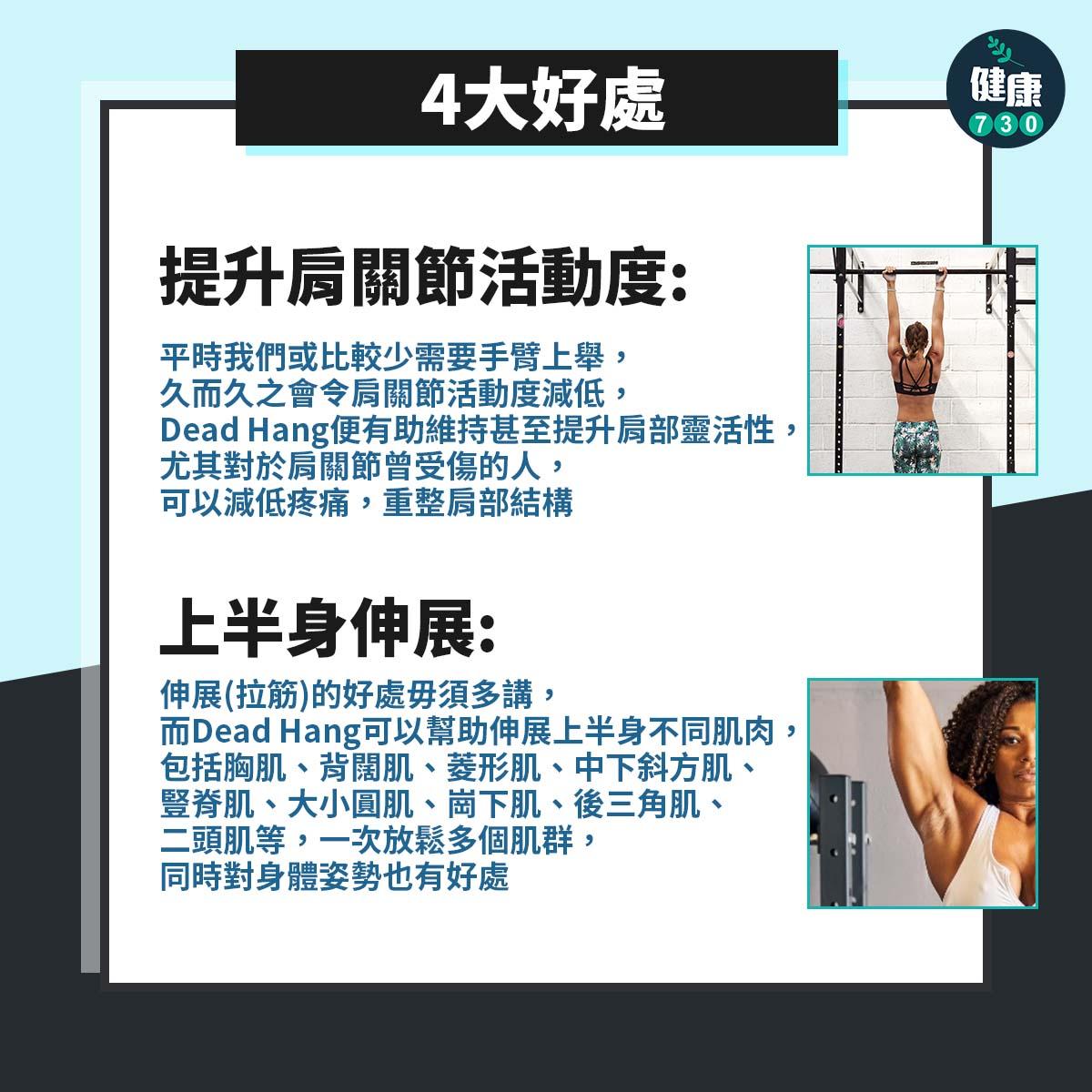 健身|Dead Hang4大好處包括提升握力(am730製圖)