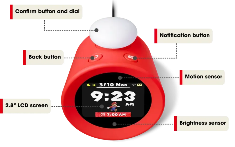 「Alarmo」以任天堂經典遊戲《超級瑪利歐兄弟》為主題,配備2.8吋液晶螢幕顯示動態影像,並設有發光旋鈕。內建來自5款任天堂人氣遊戲的35種主題鬧鈴音效,未來還將透過網路連線新增2款遊戲的主題鬧鈴。