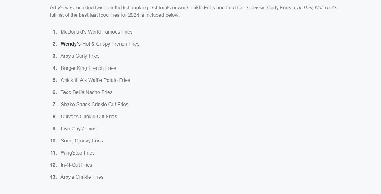 「Eat This,Not That!」美國連鎖快餐店薯條年度排行榜。(互聯網)