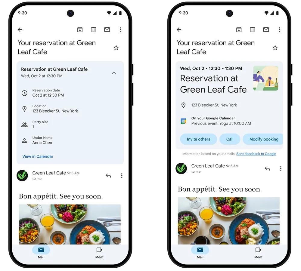 Gmail新功能|左邊為舊款摘要卡,右邊新設計更加清楚,而且設有按鈕能立即進行各種操作。