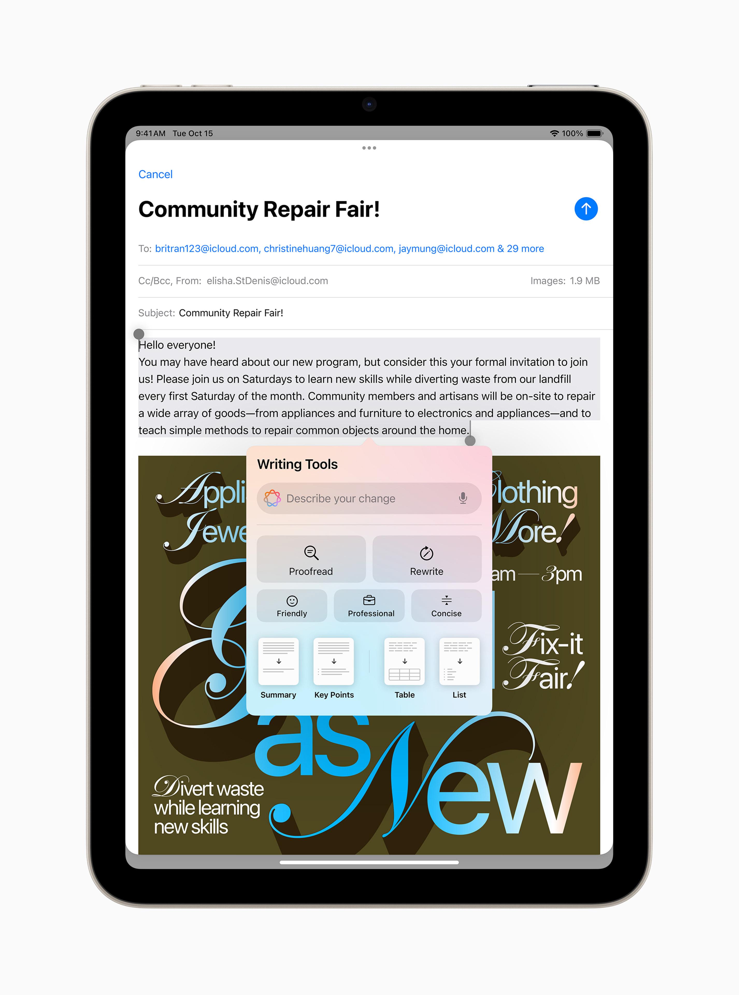 內置的「Writing Tools」,將隨 Apple Intelligence 於 iPadOS 18 首輪推出的功能登場。