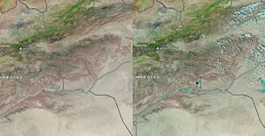 衛星圖像顯示,摩洛哥在9月經歷強降雨,部分沙漠地區被洪水淹浸(右圖)。(互聯網)