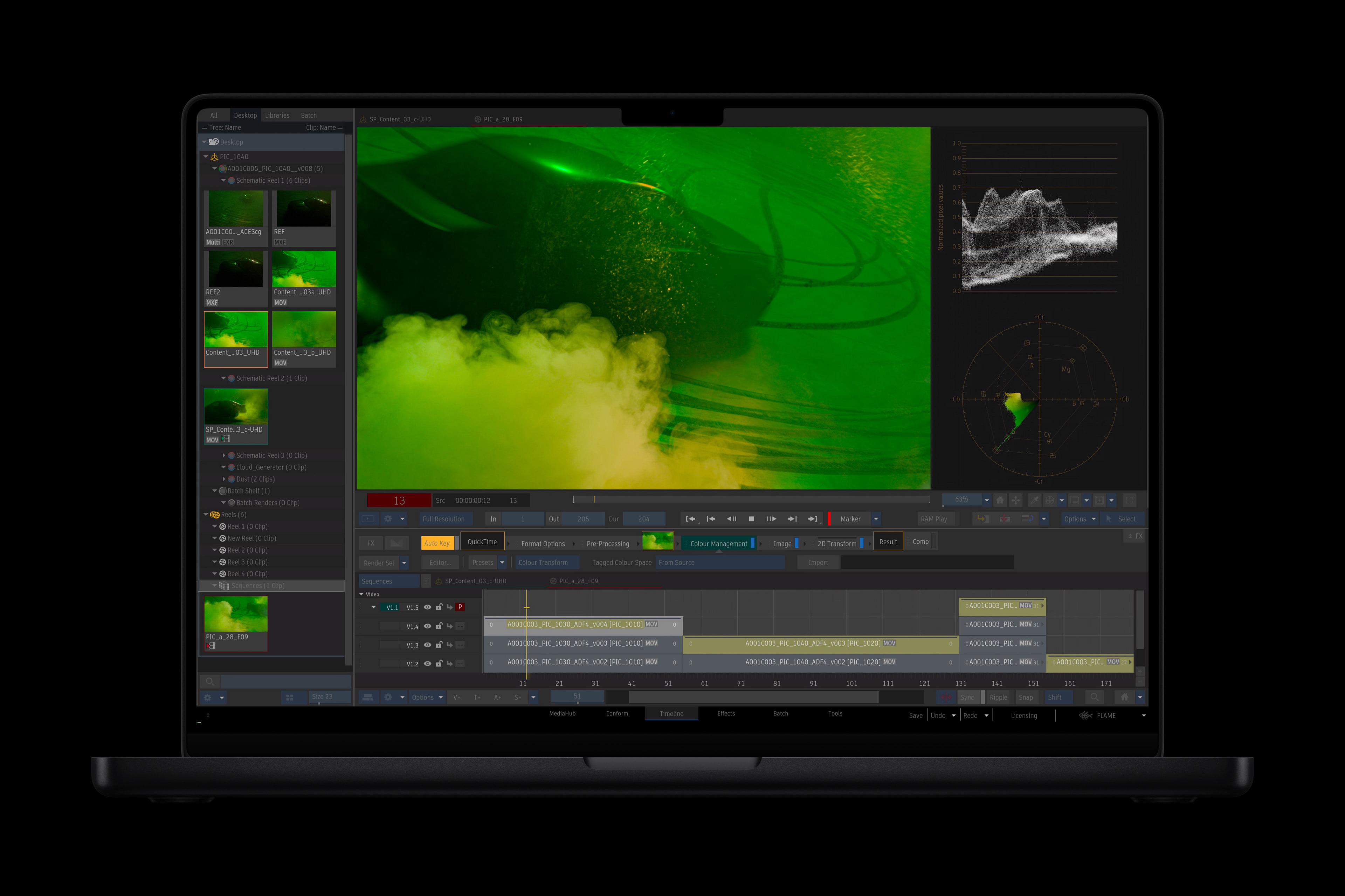 配備M4 Max的MacBook Pro勝任繁複的創作流程,如應對視覺特效、3D動畫和電影配樂。