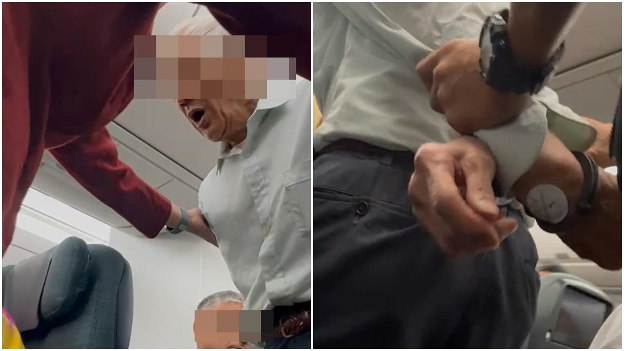 老翁涉國泰航班上滋擾,抵美後被上手扣押走。(網片截圖)