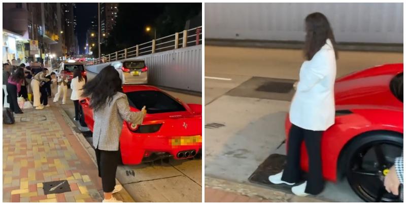 旺角亞皆老街街頭停泊一輛紅色法拉利,吸引不少內地大媽圍着打卡拍照,有人甚至半挨靠在車頭冚位置 (Threads影片截圖)