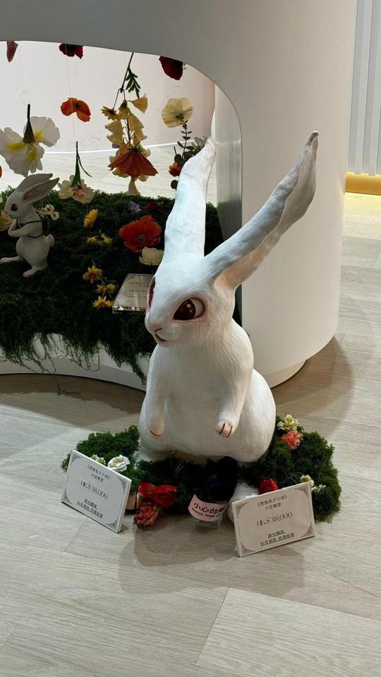 照片可見該大型兔子「小淇」雕塑放於飾櫃附近地面,標明「小心台階」、「HK$38000,請勿觸摸,如有損壞照價賠償」,亦可見未有任何圍欄或保護裝置。(Threads)