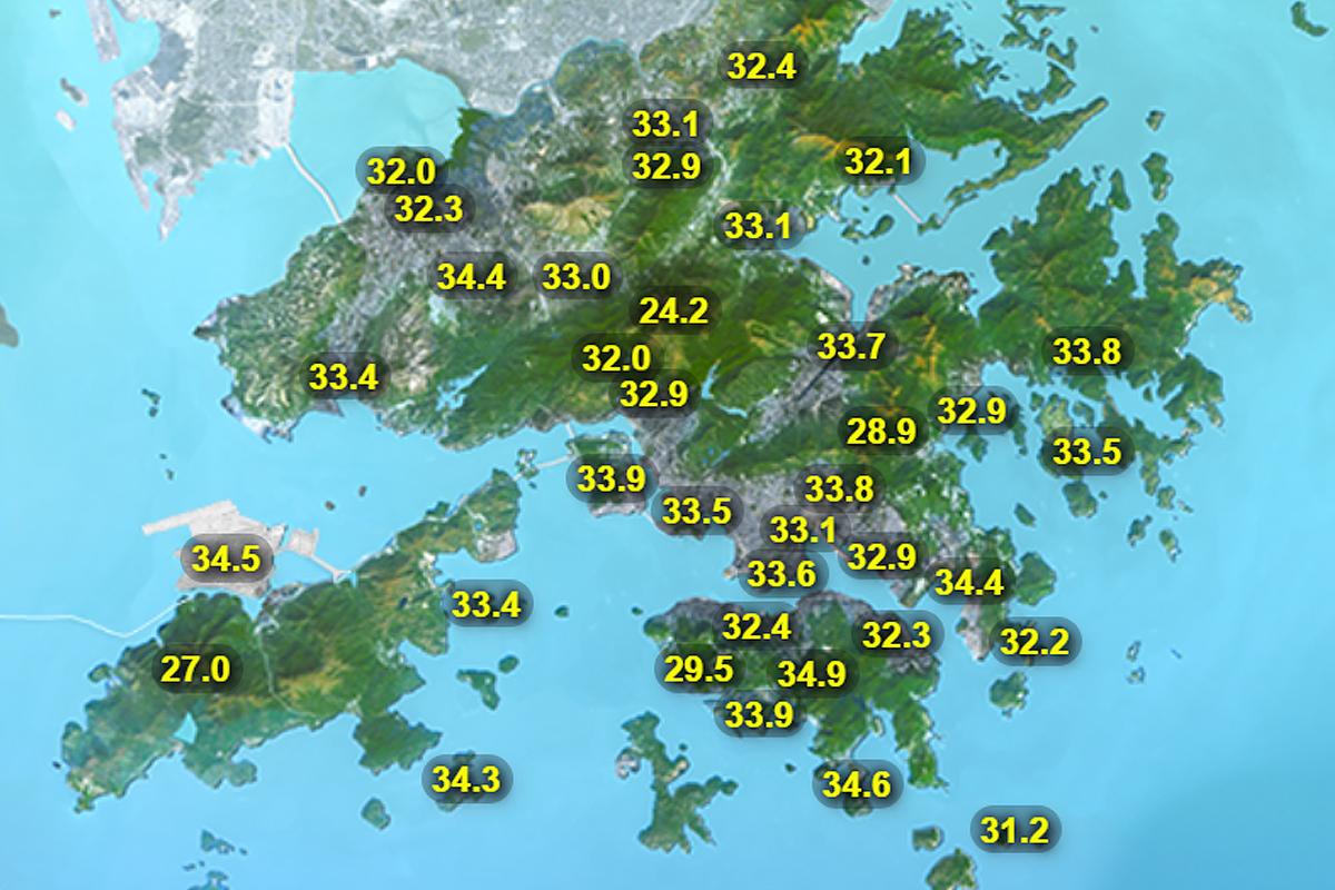 下午2時各區氣溫。(香港天文台網站截圖)