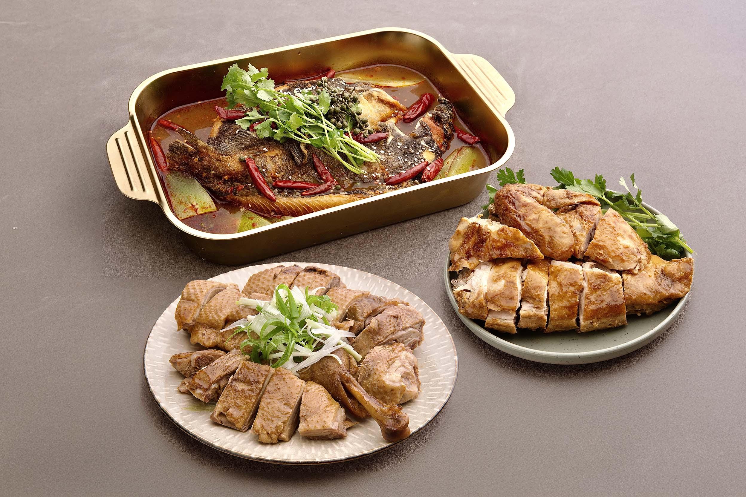 古法窯雞、金山鴨肉、麻辣醬醬烤魚