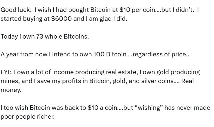 Robert Kiyosaki透露自己已擁有 73 枚比特幣,計畫在未來一年內將比特幣持有量增至100枚。(X截圖)