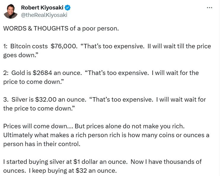 Robert Kiyosaki透露自己已擁有 73 枚比特幣,計畫在未來一年內將比特幣持有量增至100枚。(X截圖)