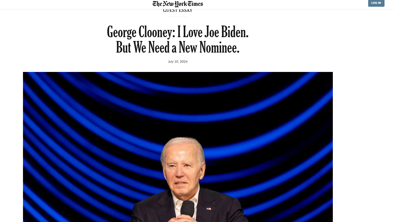 佐治古尼當日在《紐約時報》撰文呼籲拜登退選。(互聯網)