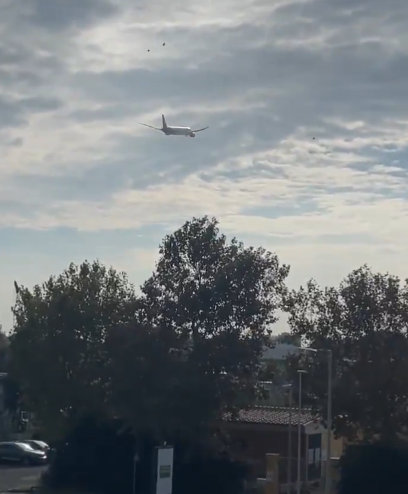 涉事客機右邊引擎噴出火花。(互聯網)