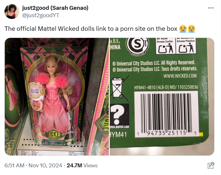 有網民發現Mattel的《魔法壞女巫》公仔誤印了色情網站網址。(互聯網)