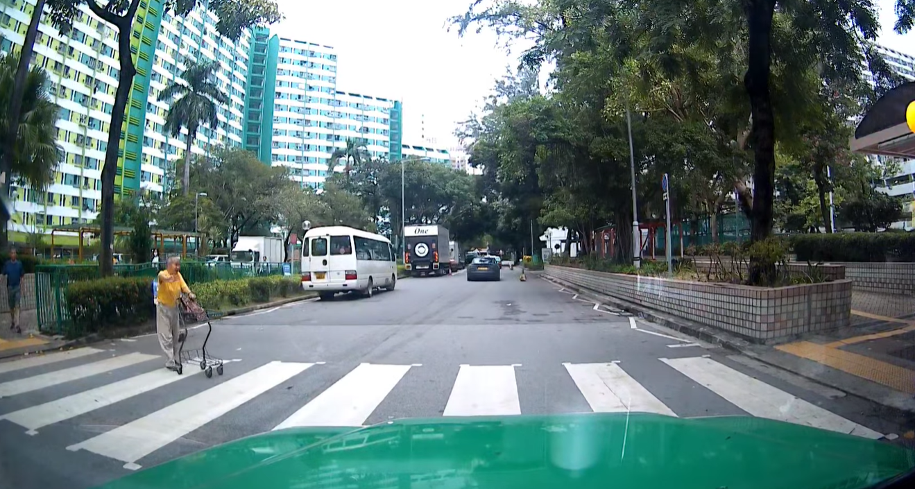 車Cam直擊|老婦斑馬線過路 屯門Tesla照衝險撞人 74歲司機被票控 (網上影片截圖)