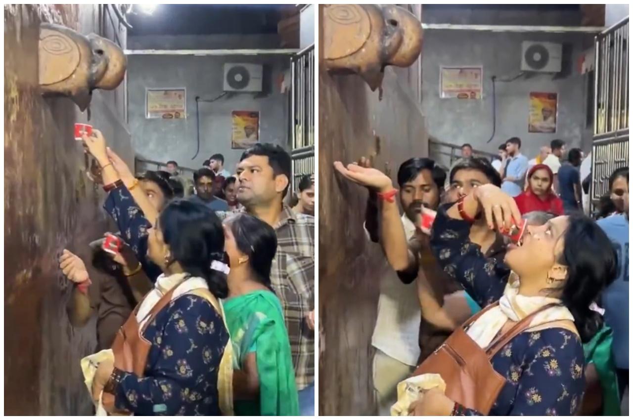 雕像前聚集了大批民眾,有人用手或用器皿接「聖水」享用,亦有人將水塗抹頭部身體。(X)