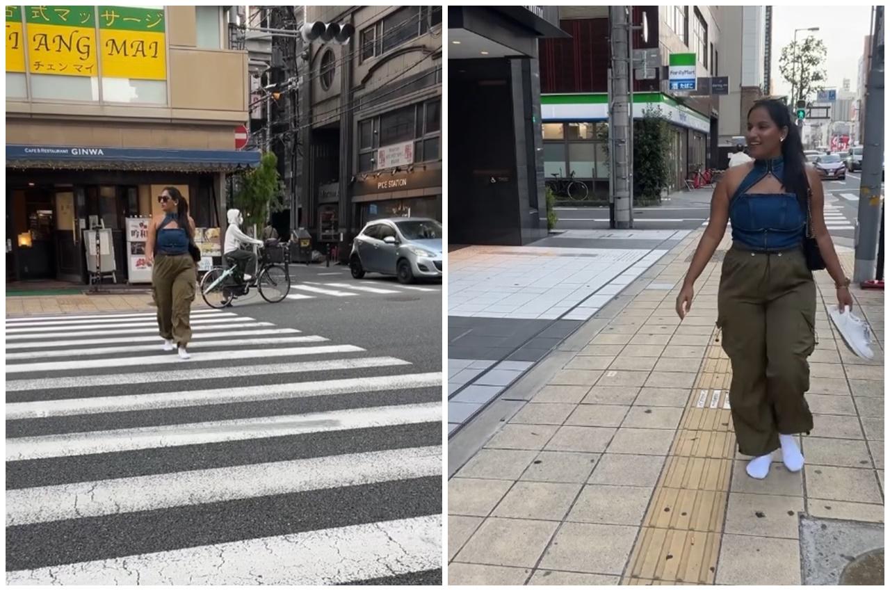 Jain只穿著襪在斑馬線和人行道上行走。(IG)