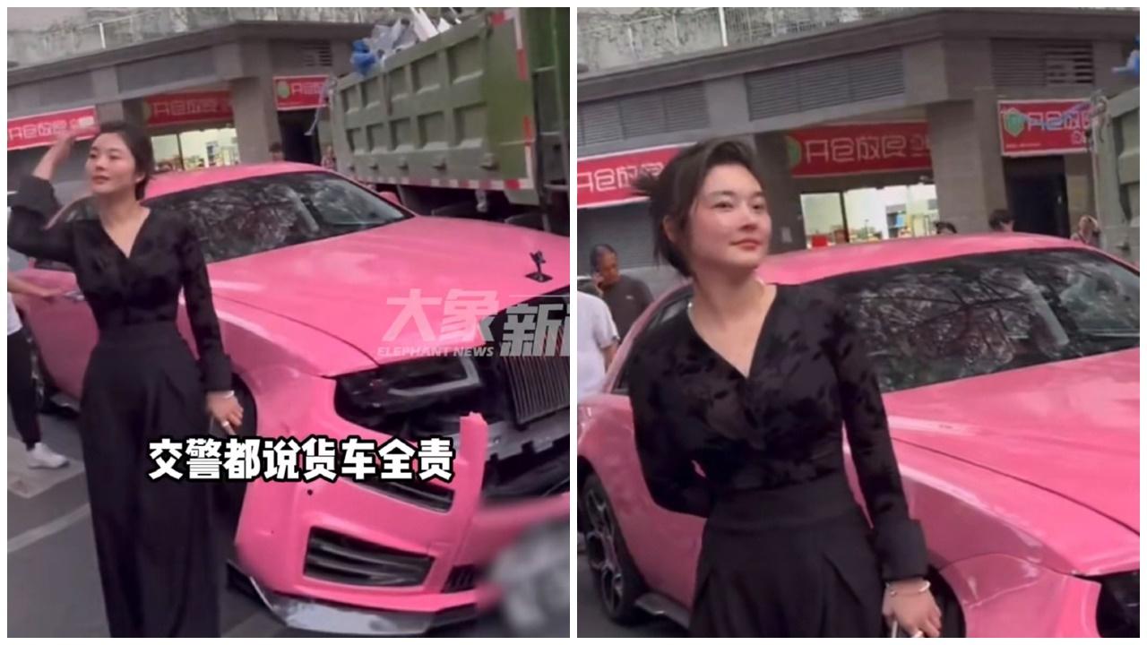 勞斯萊斯女車主淡定由座駕落車,不慌不亂拍片,並表示:「當時心都碎了,很心疼這個車」。(微博)