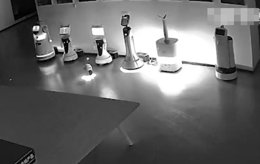 二白進入展覽廳,與展覽廳內的多部大型機械人互動。(微博)