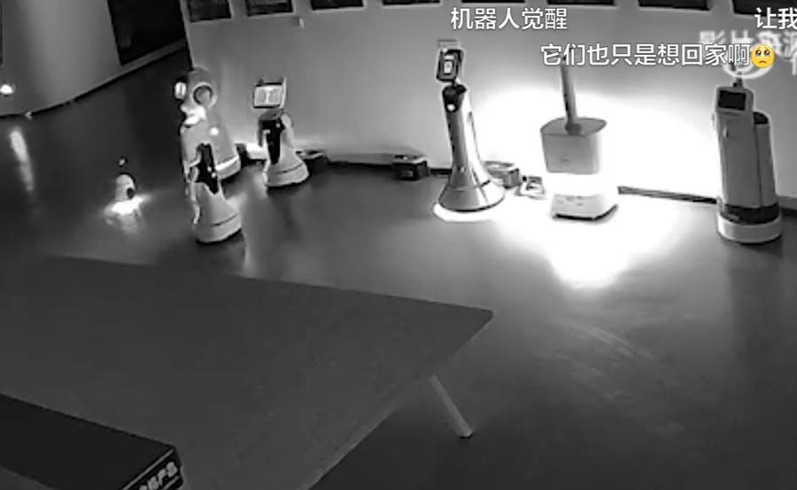 二白開始游說:「跟我回家吧」,其機械人稍為停頓後,便一個二個跟著二白離開展覽廳。(微博)