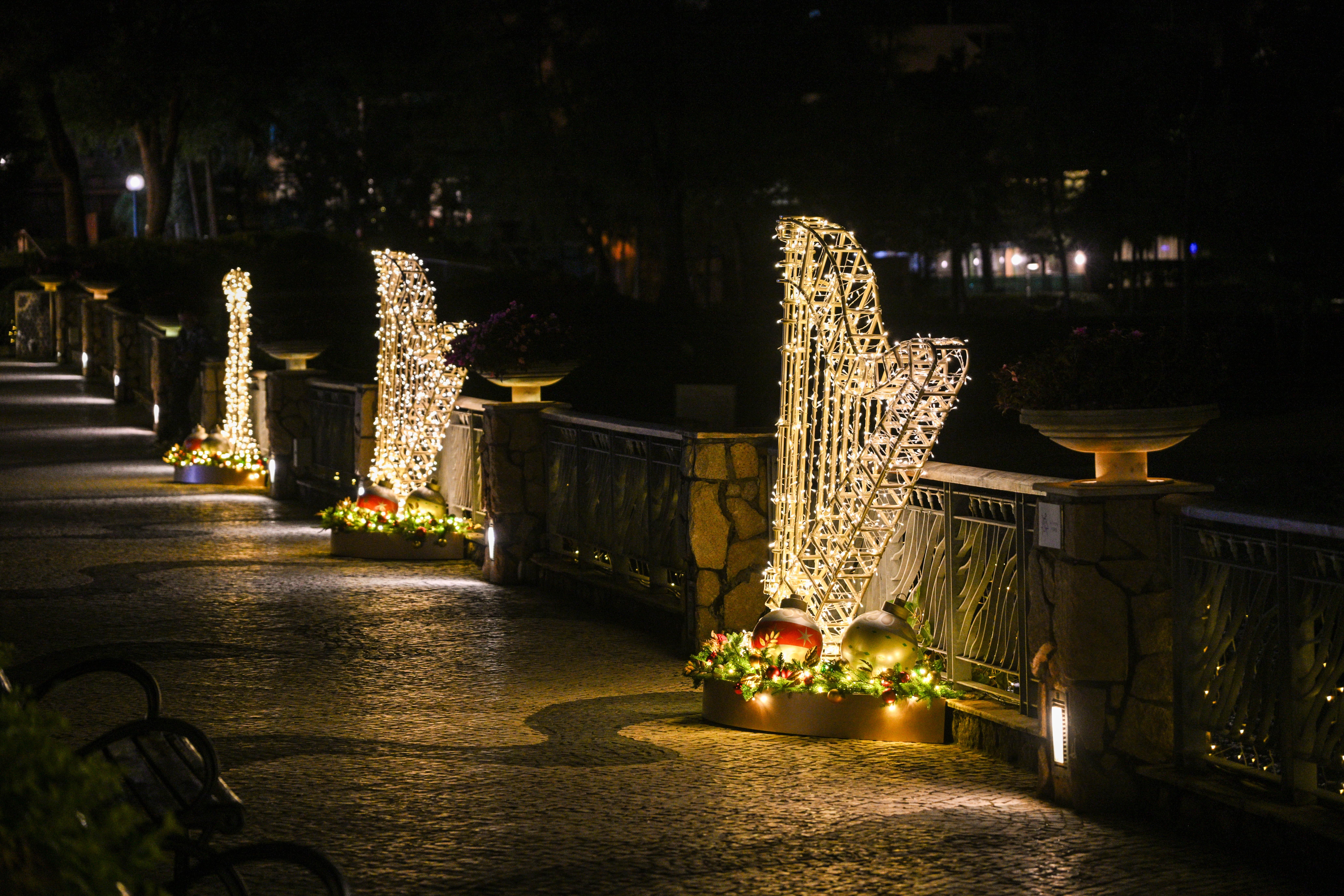 夜晚漫步於 D’Deck 臨海露天美食區,豎琴形狀的燈飾與大白灣沙灘互相輝映。您可以在這裡欣賞180° 海景,同時品嘗各國美食,與親友共享美好時光。