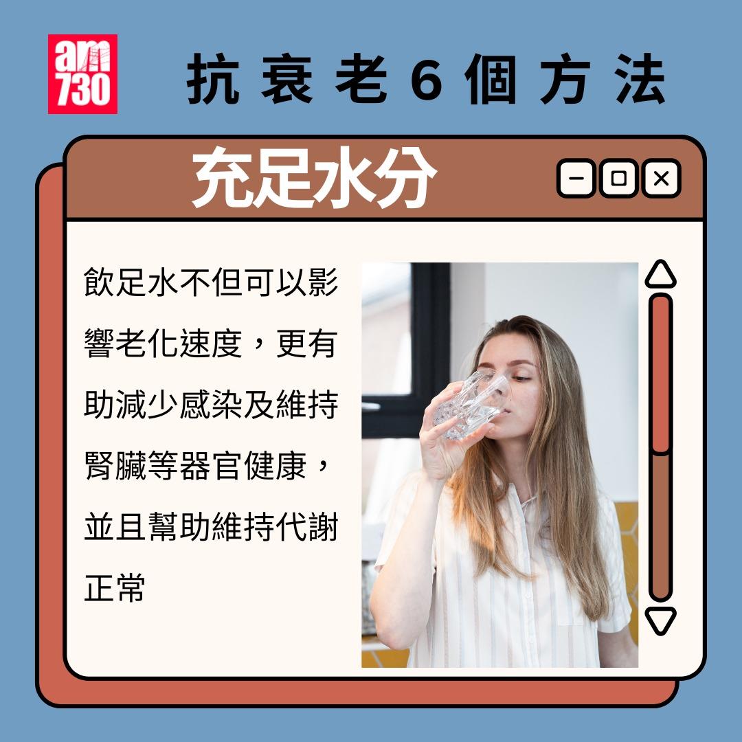 抗衰老6個方法,阻止斷層式衰老|充足水分(am730製圖)