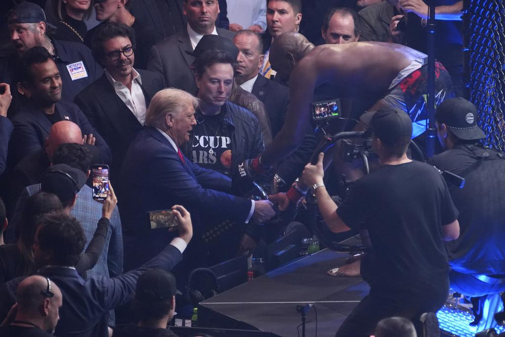 特朗普與馬斯克看UFC格鬥冠軍賽。(美聯社)
