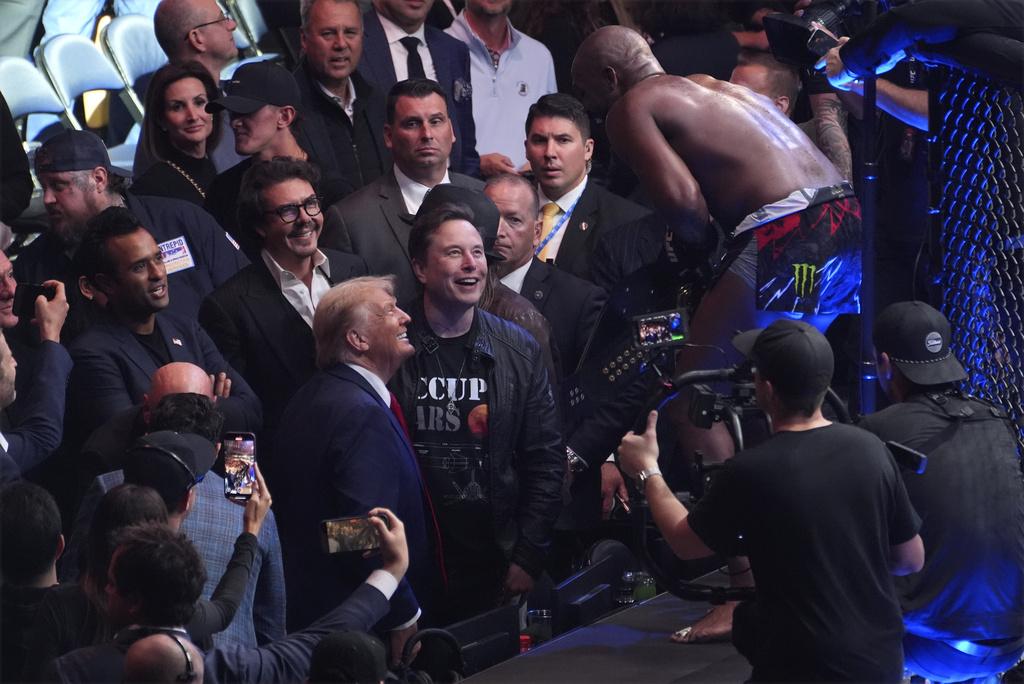 特朗普與馬斯克看UFC格鬥冠軍賽。(美聯社)