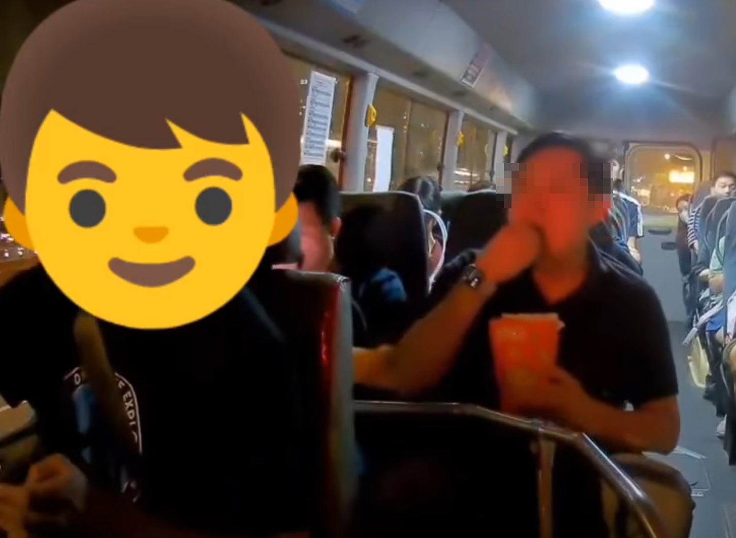 雙方其後開始爭論,司機再次警告「你再食嘢下一站落車呀」,乘客便「手指指」反問車上哪裡有明示「不准飲食」,「你攞出嚟畀我睇」。